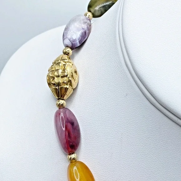 Vintage Napier Lucite Marbled Faux Stone Gold Tone Beaded Necklace Colorful 16" - Picture 2 of 7